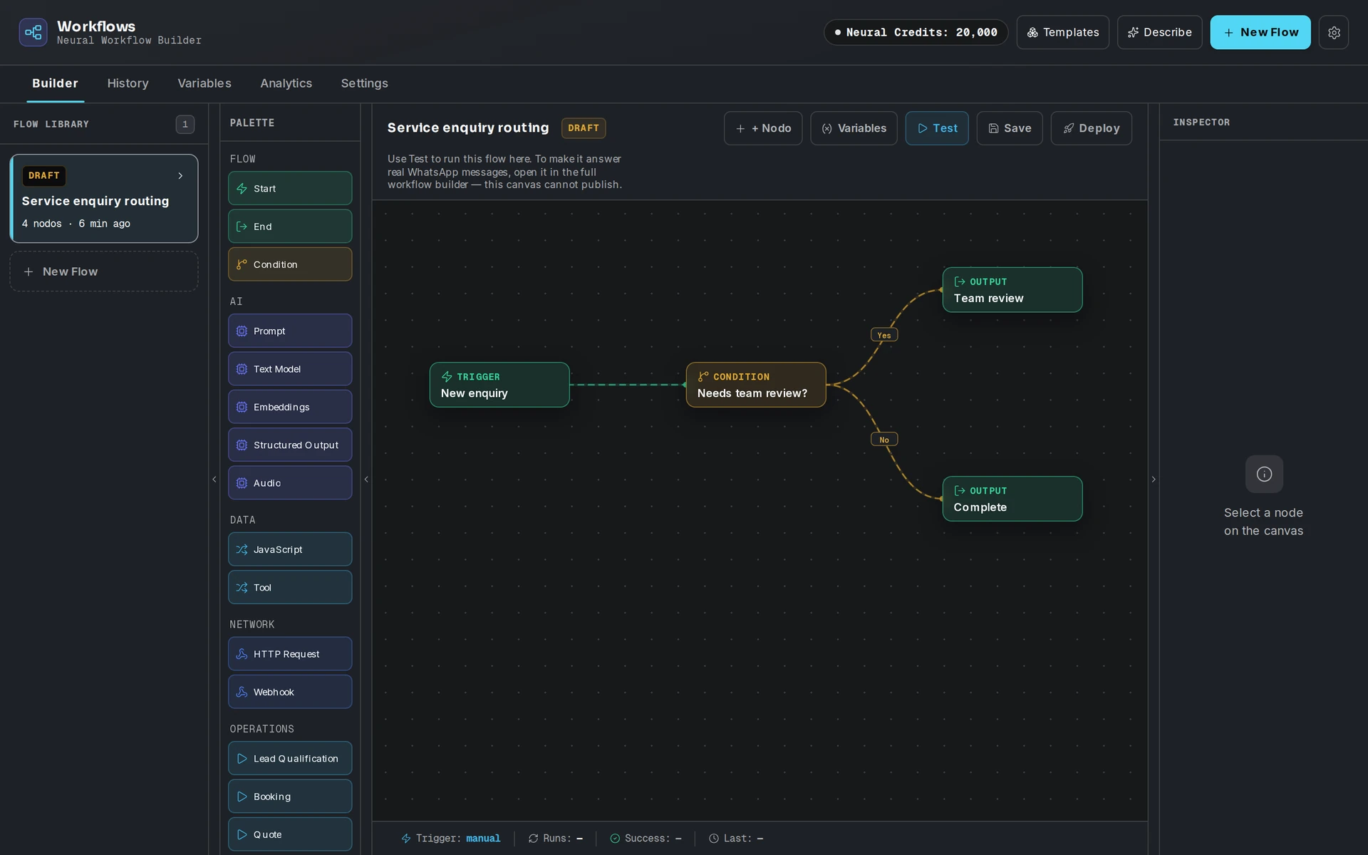 Eyeleven Workflow Studio mit einer Entwurfsbedingung für Anfragen und zwei Ergebnissen